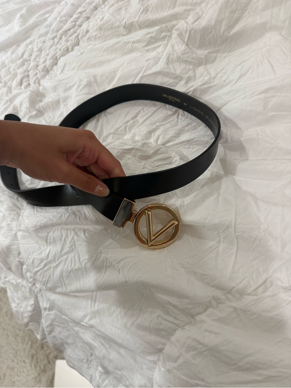 Valentino Black Leather Belt with Gold Circular V Buckle
